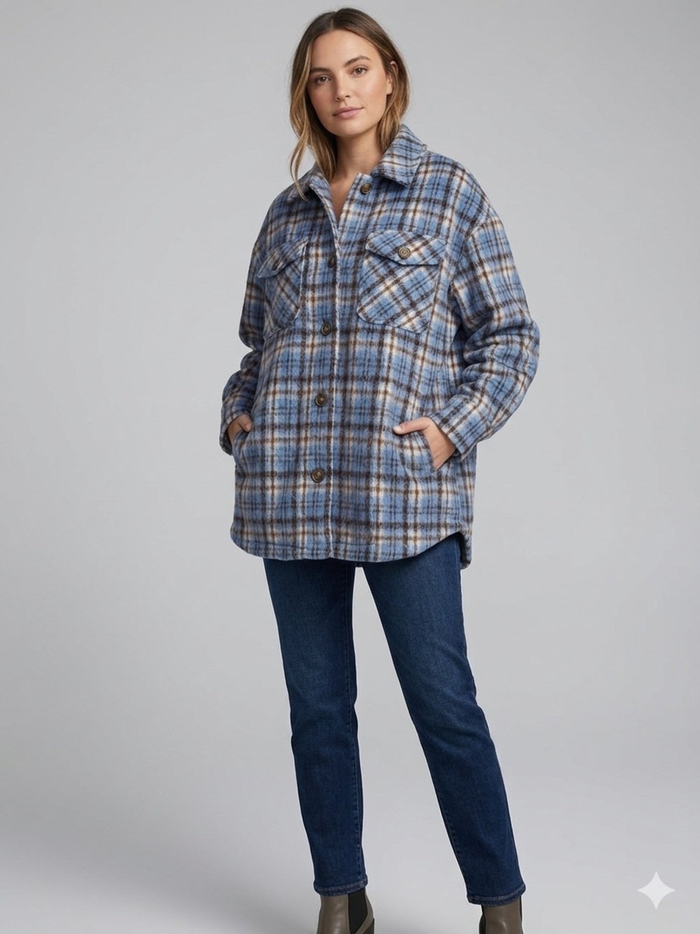 Avec Les Filles Blue Plaid Utility Shacket